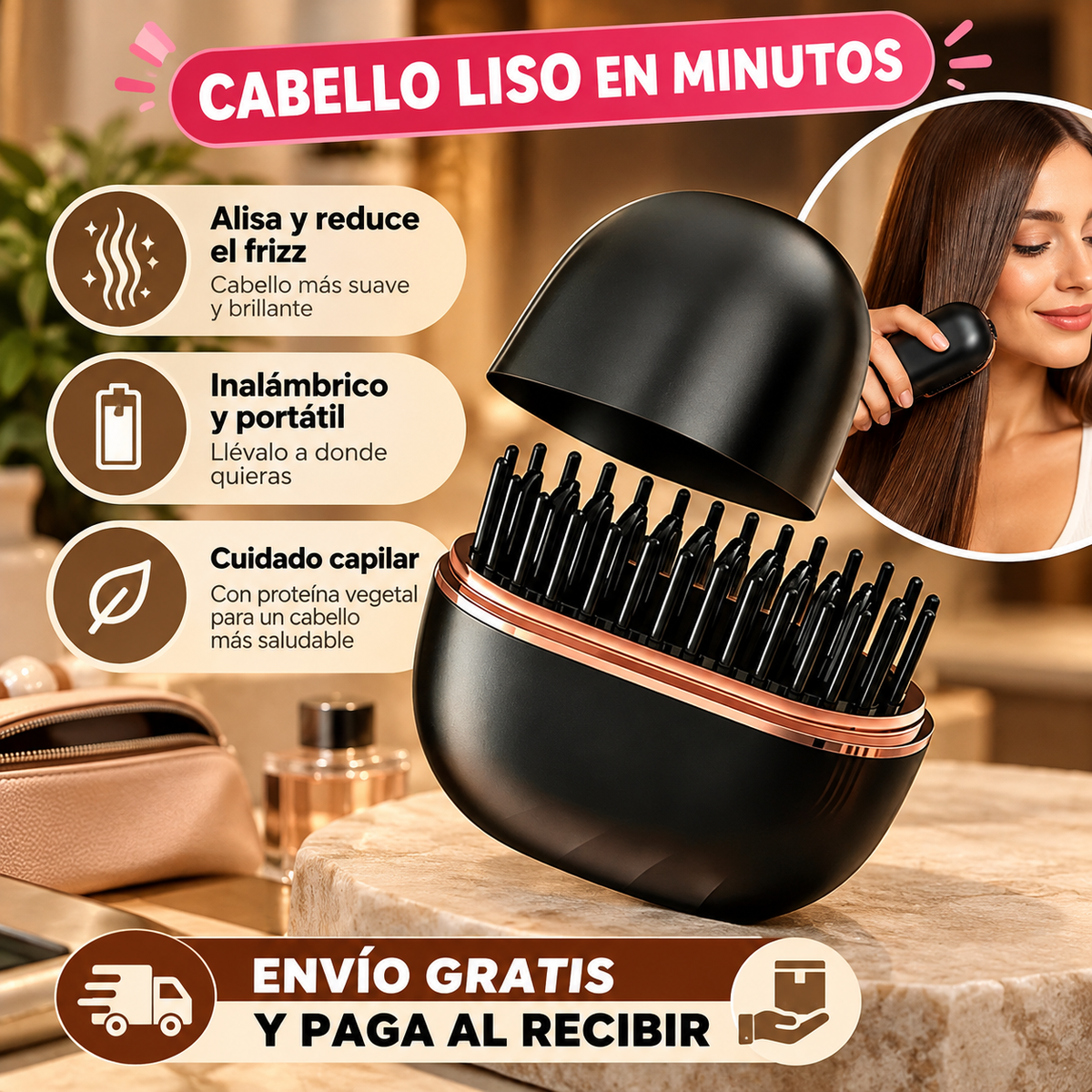 ✨ Peine Alisador Inalámbrico 3 en 1 – Alisa, Reduce el Frizz y Aporta Brillo